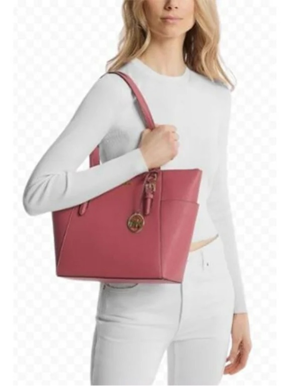 Michael Kors Rose Saffiano Leather Tote with Gold MK Charm - Picture 3 of 3